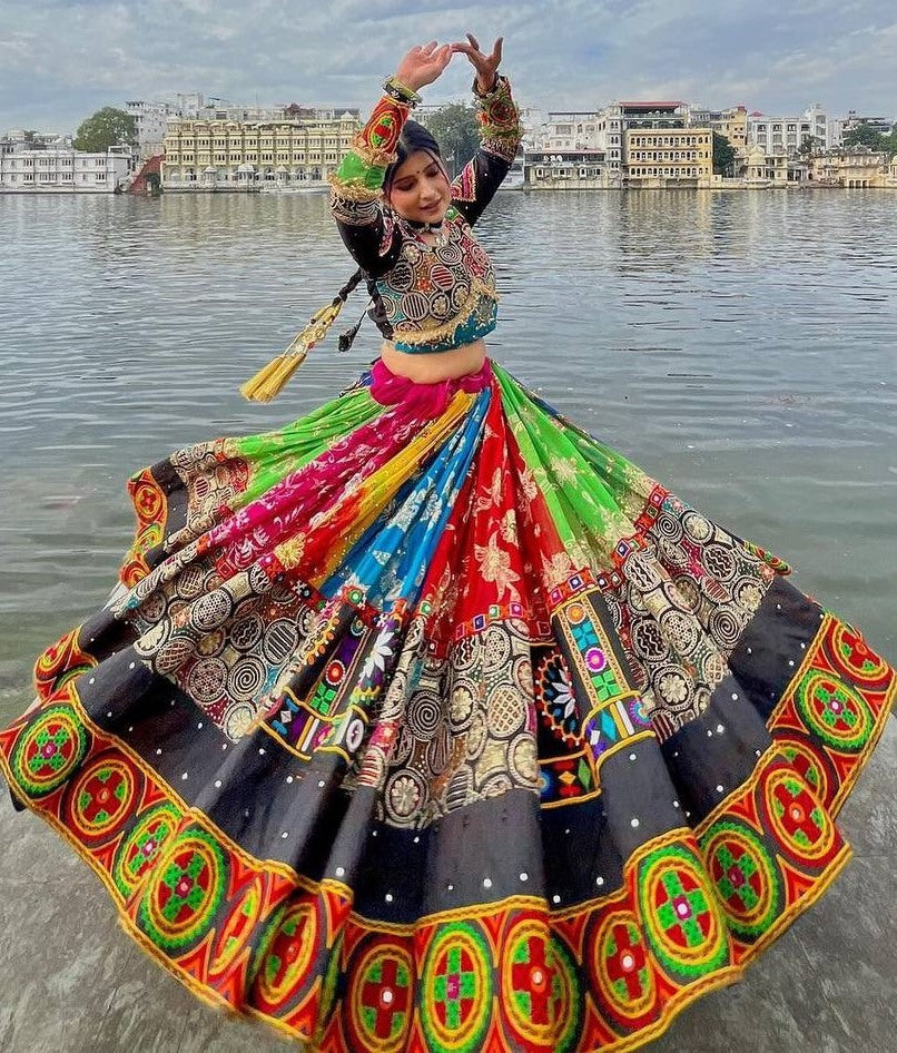 Multicolor cotton print mirror work gujarati garba navratri lehenga chaniya choli