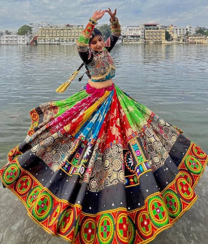 Multicolor cotton print mirror work gujarati garba navratri lehenga chaniya choli