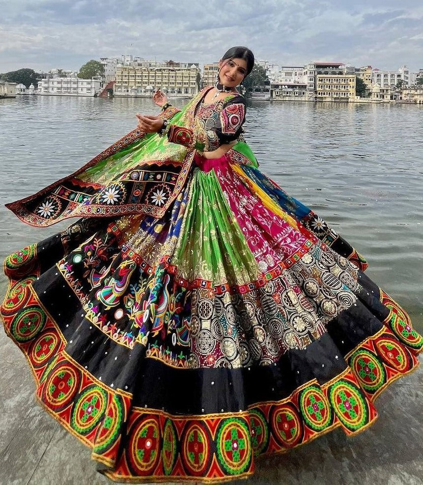 Multicolor cotton print mirror work gujarati garba navratri lehenga chaniya choli