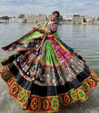 Multicolor cotton print mirror work gujarati garba navratri lehenga chaniya choli