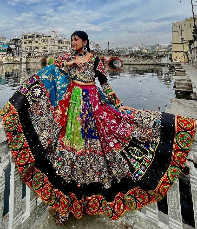 Multicolor cotton print mirror work gujarati garba navratri lehenga chaniya choli