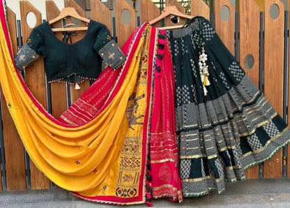 Multicolor cotton printed gujarati garba navratri lehenga chaniya choli