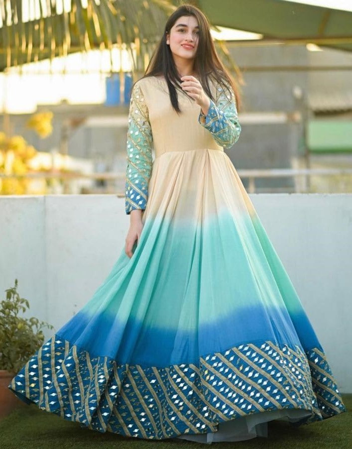 Multicolor crepe foil work printed gown