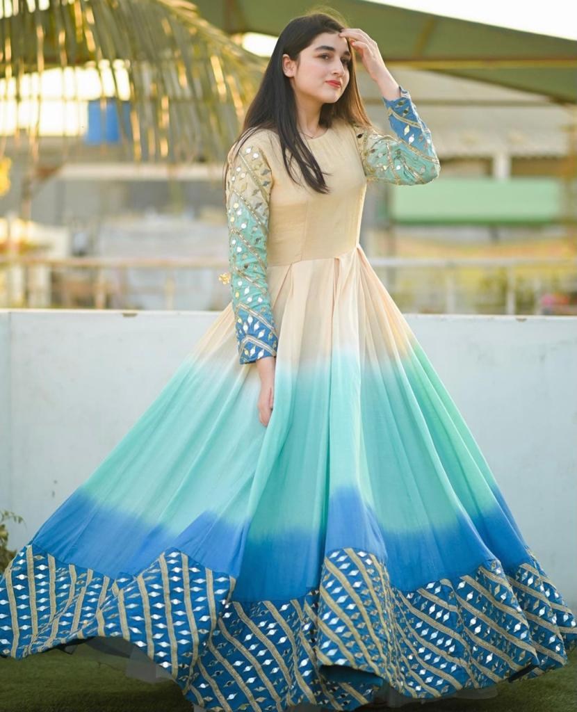 Multicolor crepe foil work printed gown