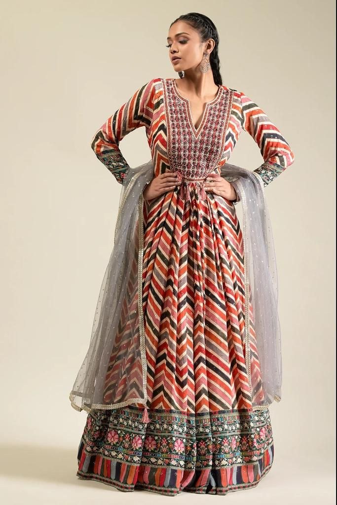Multicolor crepe printed designer gown