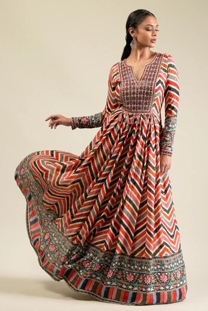Multicolor crepe printed designer gown