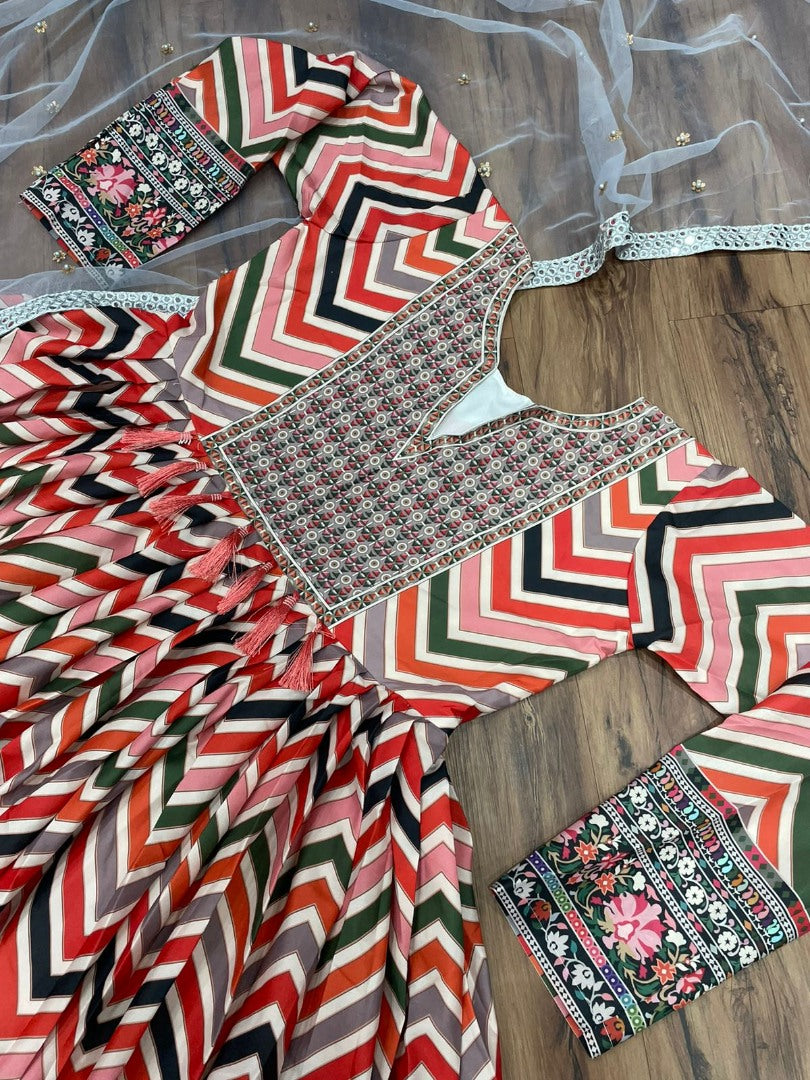 Multicolor crepe printed designer gown