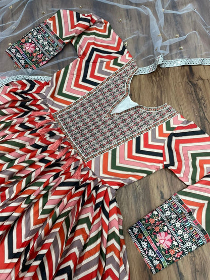Multicolor crepe printed designer gown
