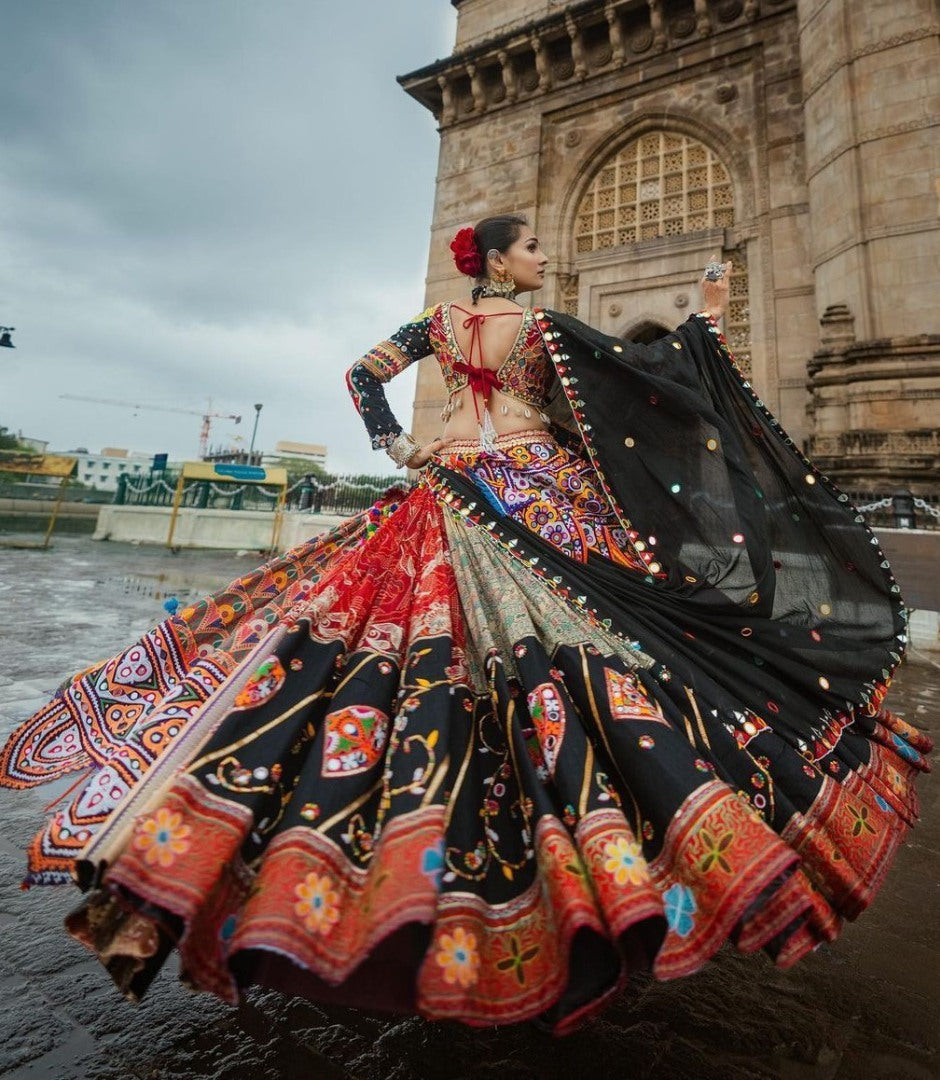 Multicolor digital printed and mirror work designer navratri special lehenga choli