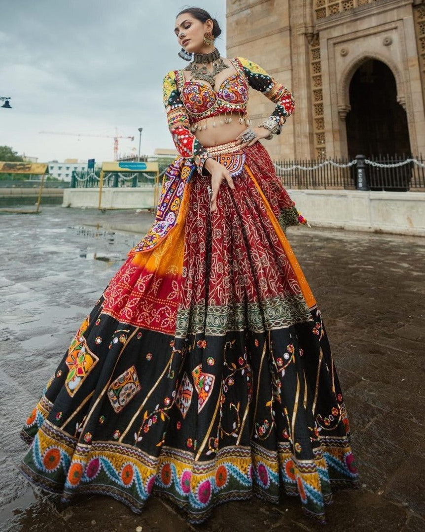 Multicolor digital printed and mirror work designer navratri special lehenga choli