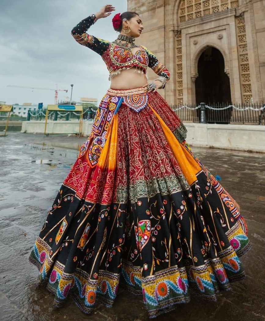 Multicolor digital printed and mirror work designer navratri special lehenga choli