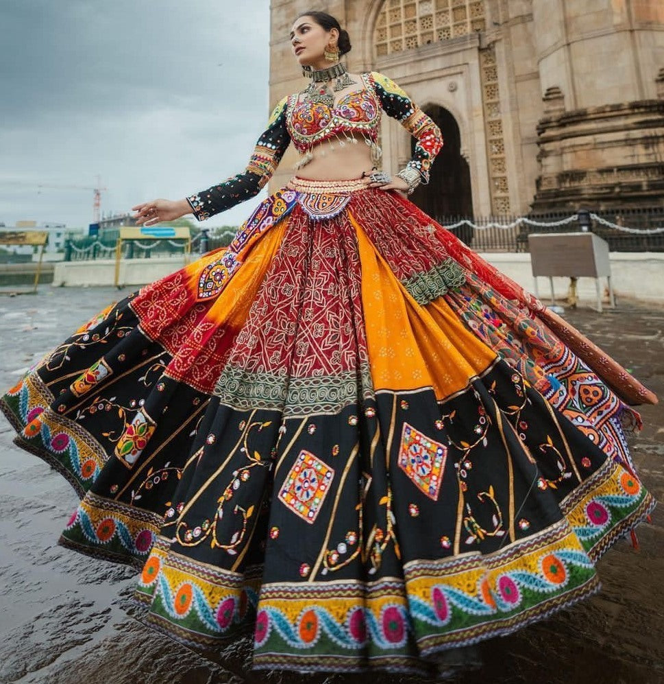 Multicolor digital printed and mirror work designer navratri special lehenga choli