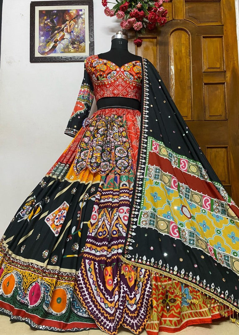 Multicolor digital printed and mirror work designer navratri special lehenga choli