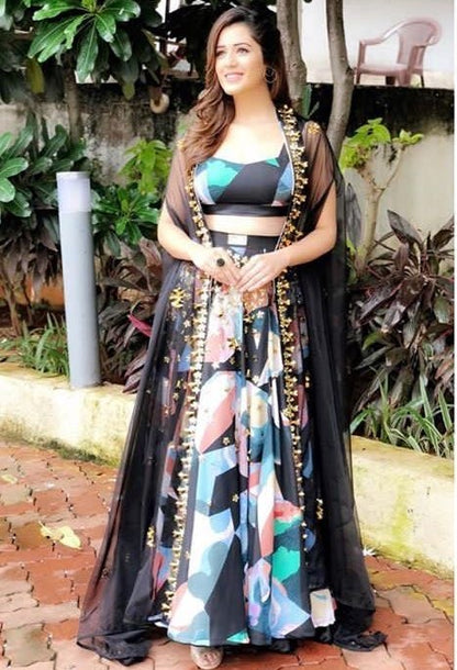 Multicolor digital printed banglori silk partywear lehenga