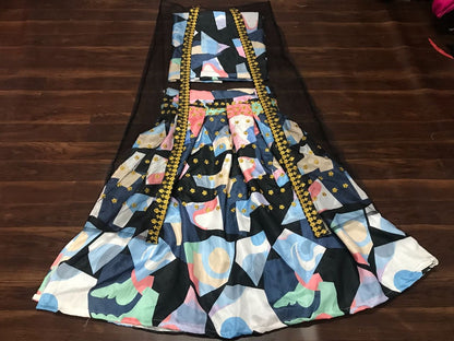 Multicolor digital printed banglori silk partywear lehenga