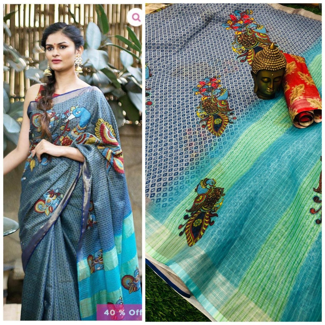 multicolor digital printed linen festival saree