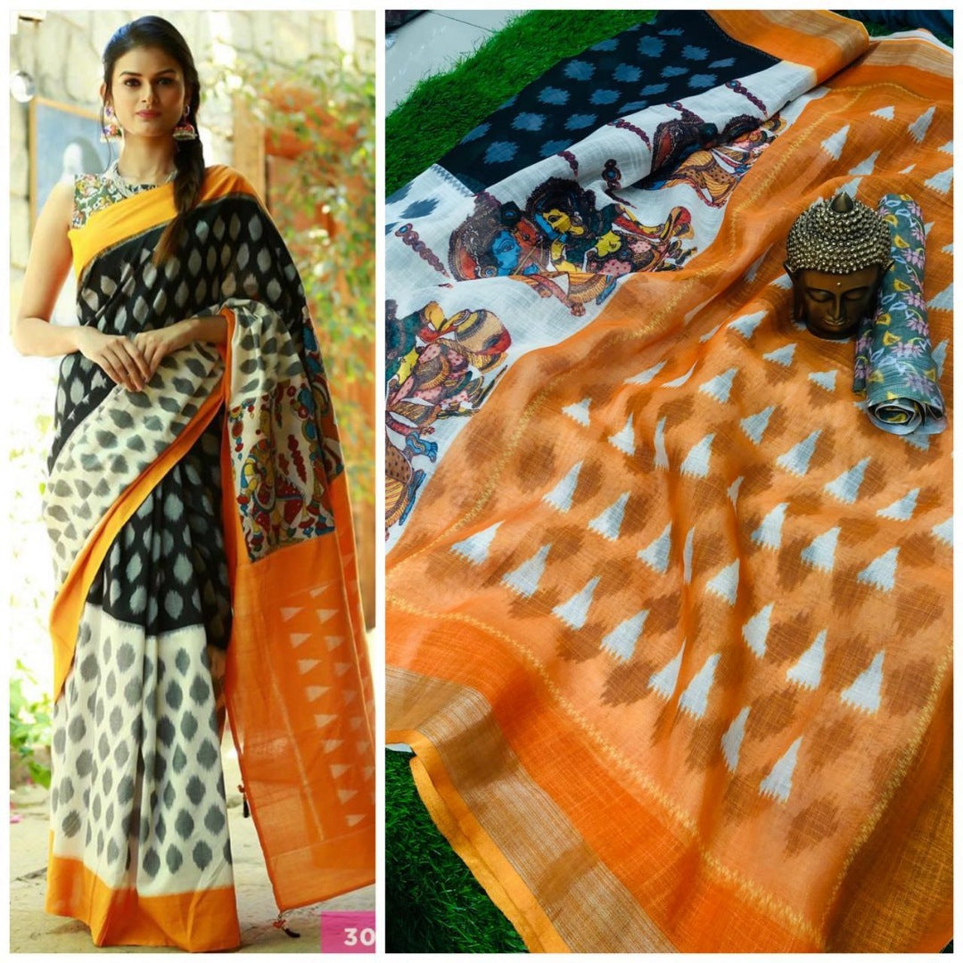 multicolor digital printed linen festival saree