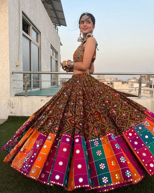 Multicolor digital printed mirror work designer navratri special lehenga choli