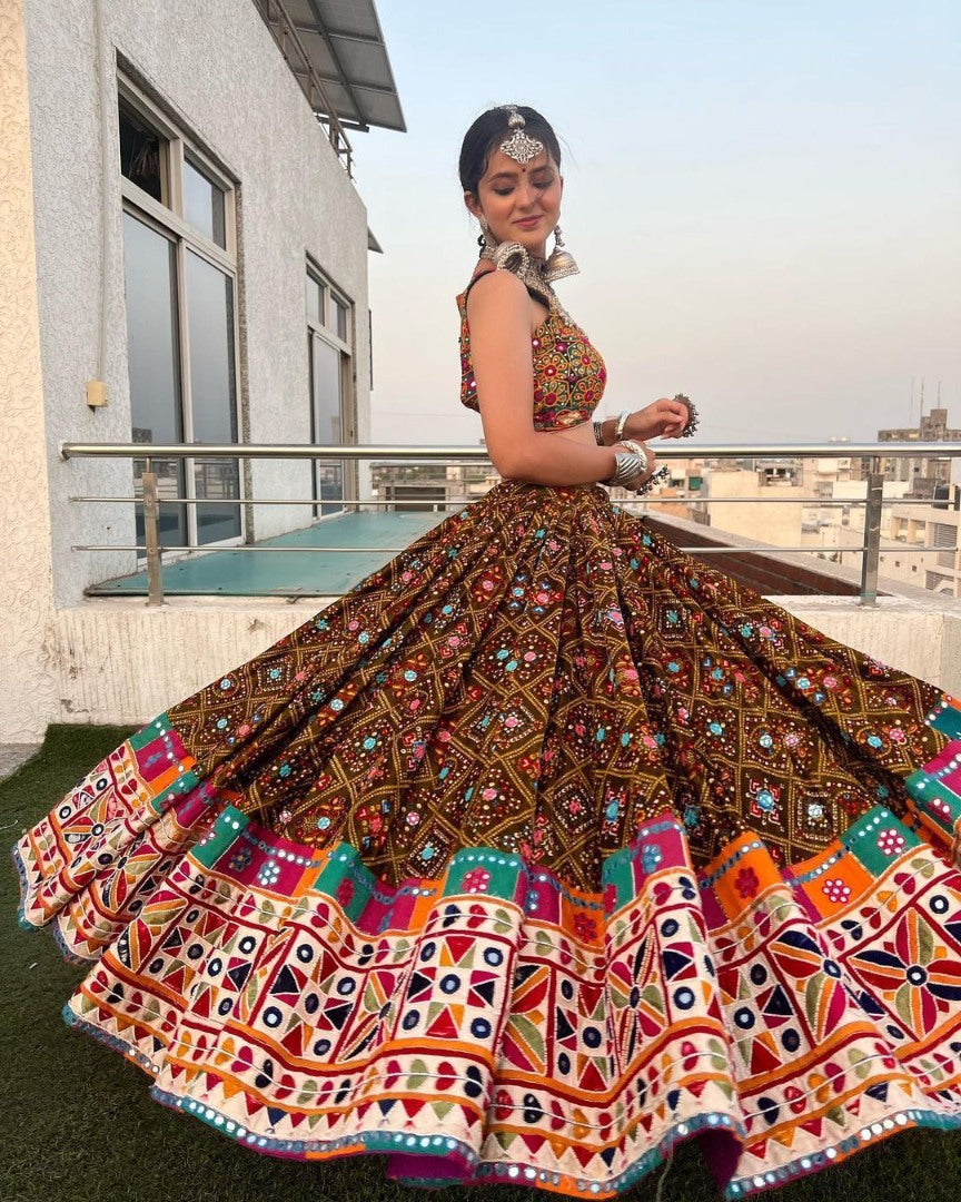 Multicolor digital printed mirror work designer navratri special lehenga choli