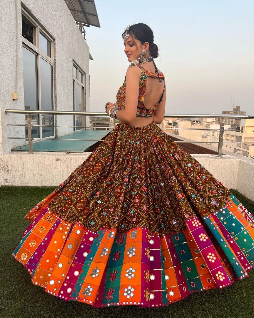 Multicolor digital printed mirror work designer navratri special lehenga choli