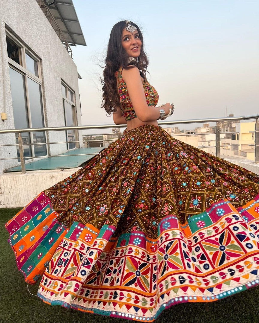 Multicolor digital printed mirror work designer navratri special lehenga choli
