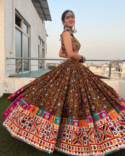 Multicolor digital printed mirror work designer navratri special lehenga choli