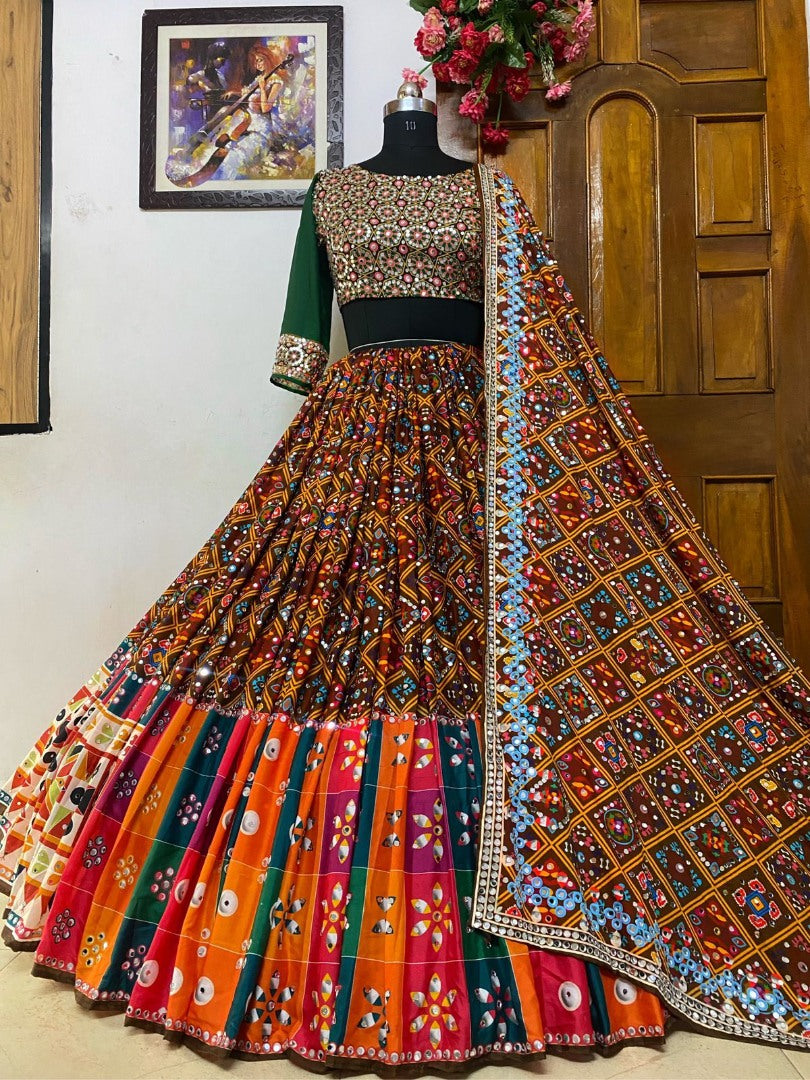 Multicolor digital printed mirror work designer navratri special lehenga choli