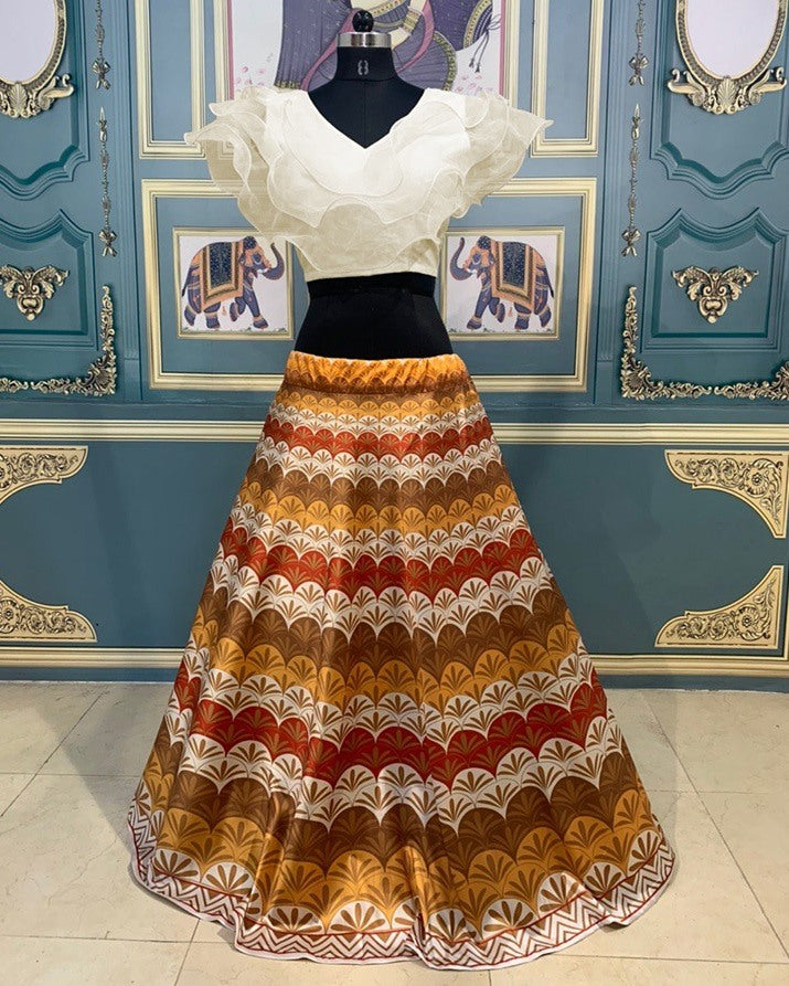 Multicolor digital printed taffeta silk crop top lehenga