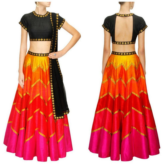 Multicolor embroidered lehenga with black blouse and dupatta