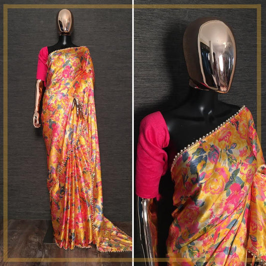 Multicolor floral printed japan satin saree