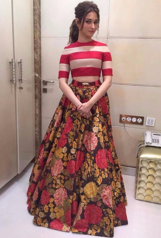 Multicolor flower printed zari satin silk crop top lehenga