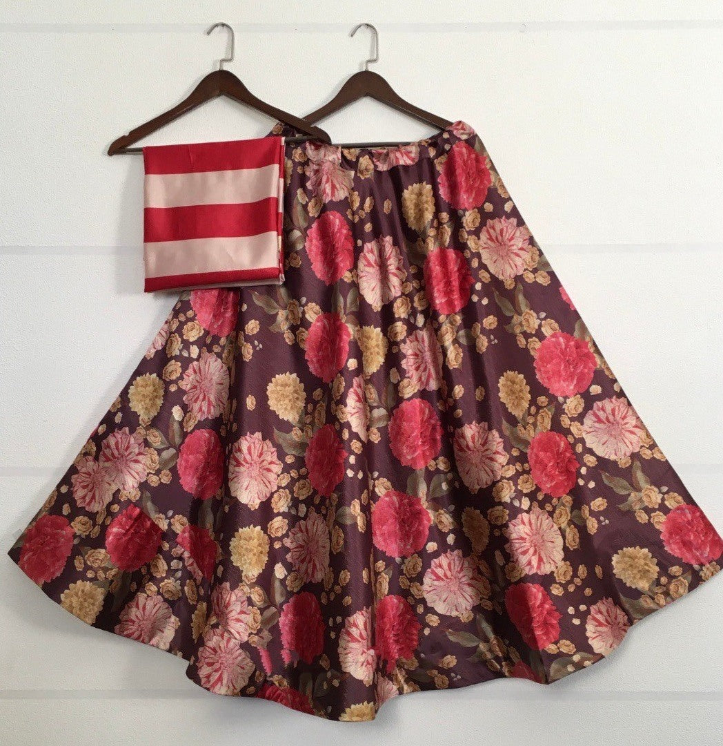 Multicolor flower printed zari satin silk crop top lehenga
