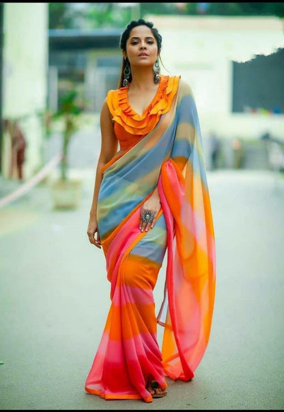 Multicolor georgette fancy print casual wear saree