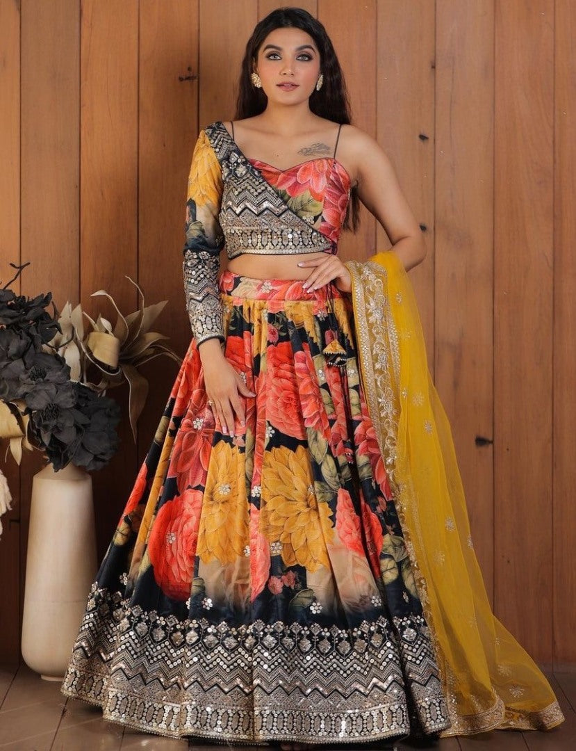 Multicolor georgette flower printed embroidered designer lehenga choli