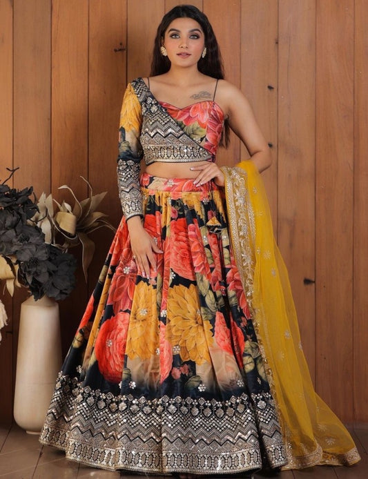 Multicolor georgette flower printed embroidered designer lehenga choli