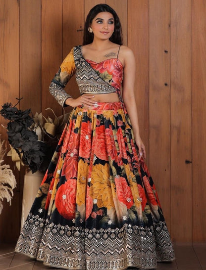 Multicolor georgette flower printed embroidered designer lehenga choli
