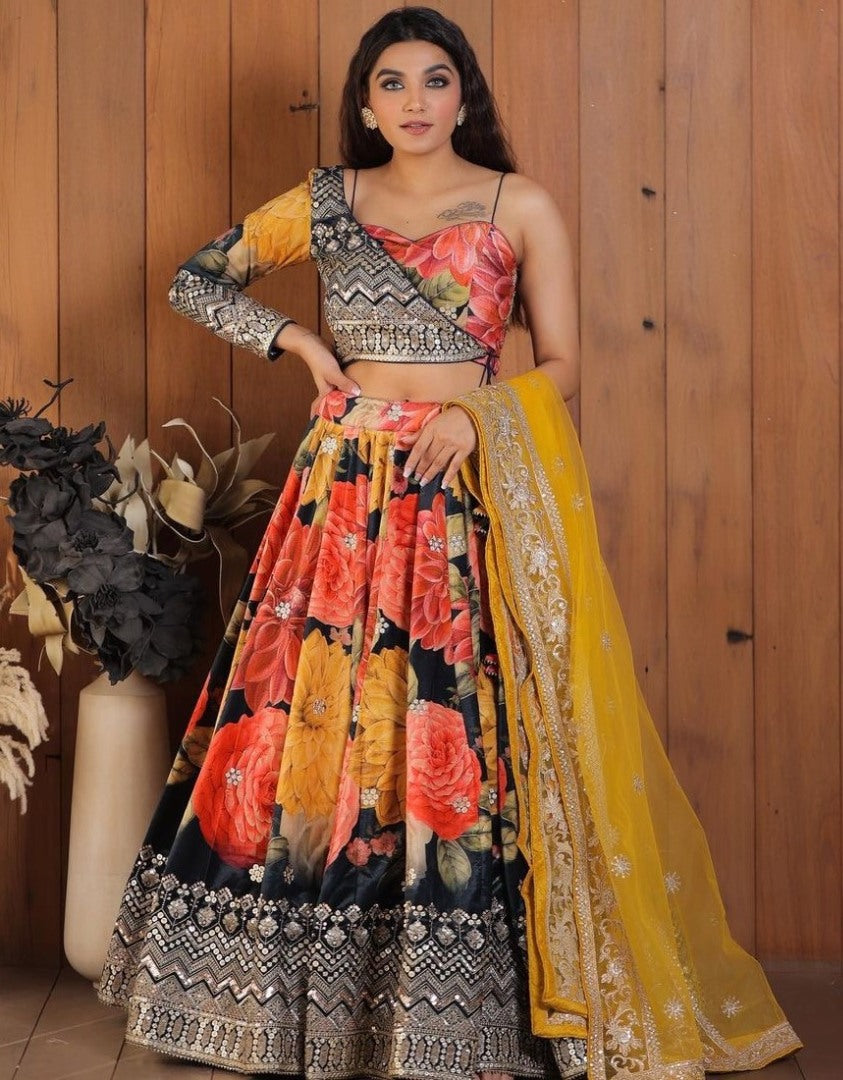 Multicolor georgette flower printed embroidered designer lehenga choli