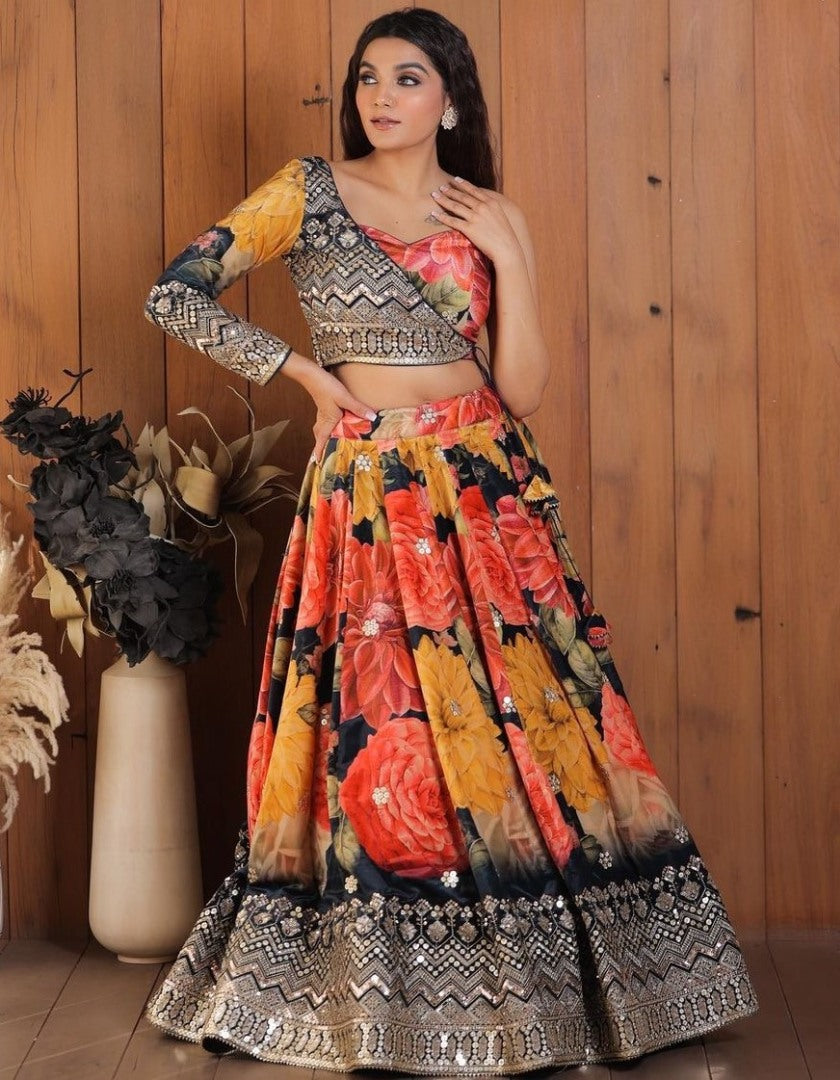 Multicolor georgette flower printed embroidered designer lehenga choli