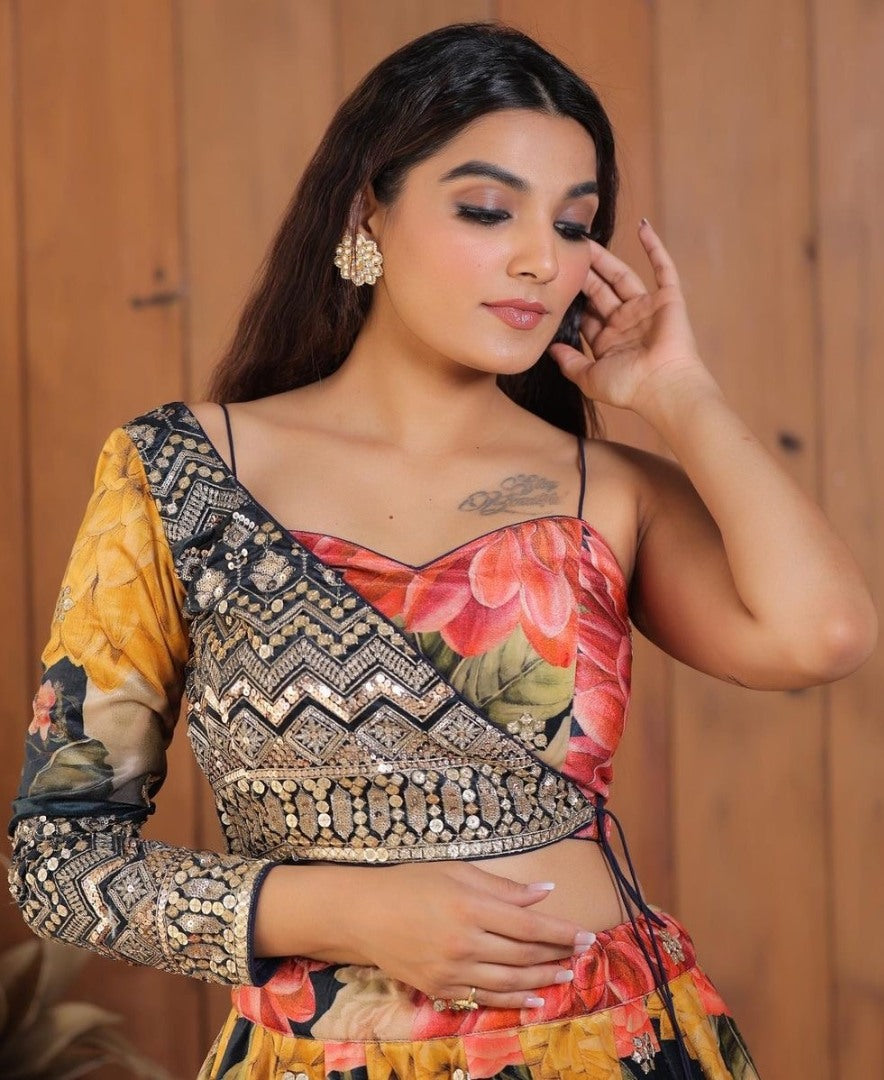 Multicolor georgette flower printed embroidered designer lehenga choli