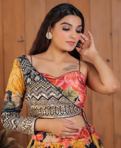 Multicolor georgette flower printed embroidered designer lehenga choli