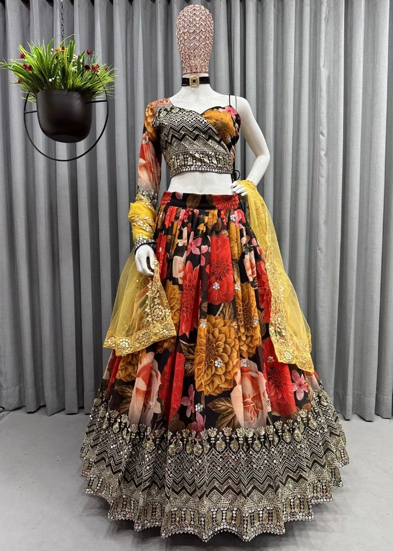 Multicolor georgette flower printed embroidered designer lehenga choli
