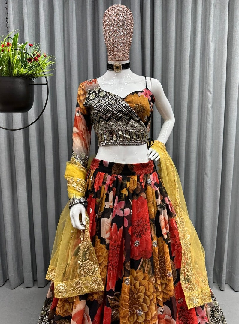 Multicolor georgette flower printed embroidered designer lehenga choli