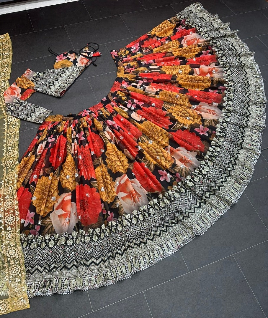 Multicolor georgette flower printed embroidered designer lehenga choli