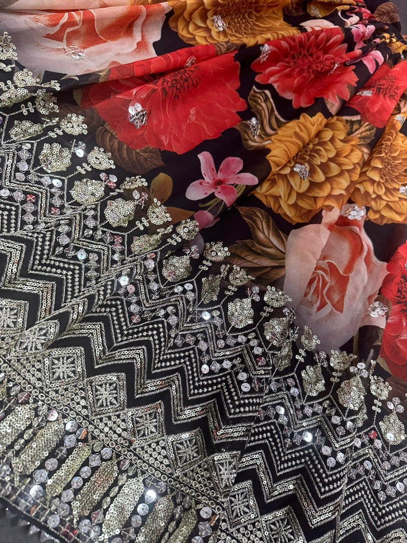 Multicolor georgette flower printed embroidered designer lehenga choli