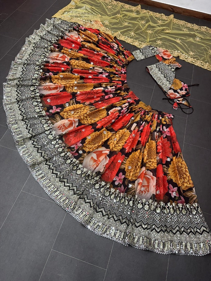 Multicolor georgette flower printed embroidered designer lehenga choli