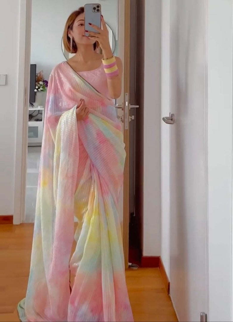 Multicolor georgette heavy sequence work party wear saree