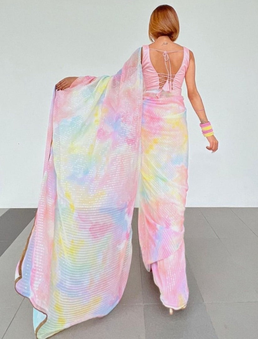 Multicolor georgette heavy sequence work party wear saree