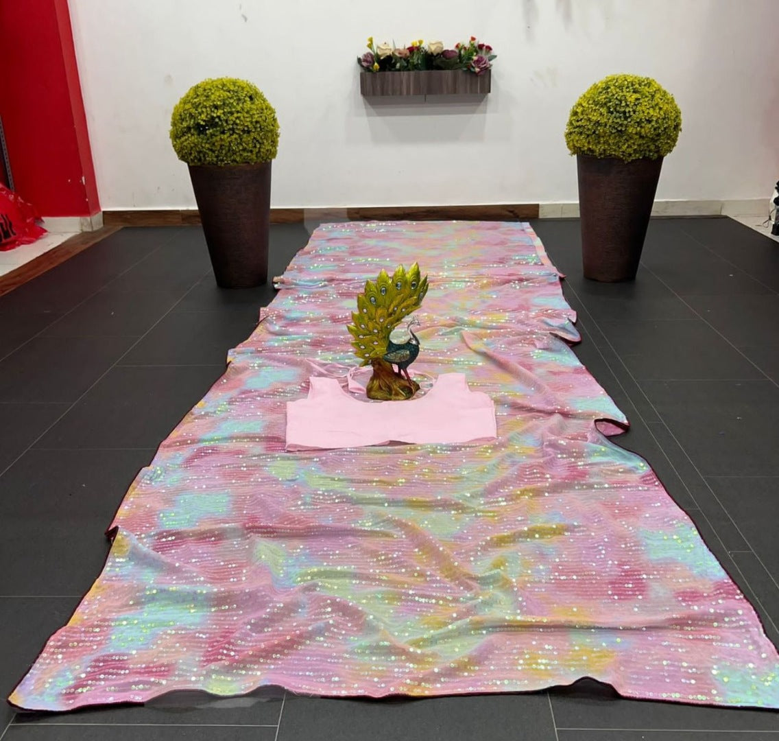 Multicolor georgette heavy sequence work party wear saree