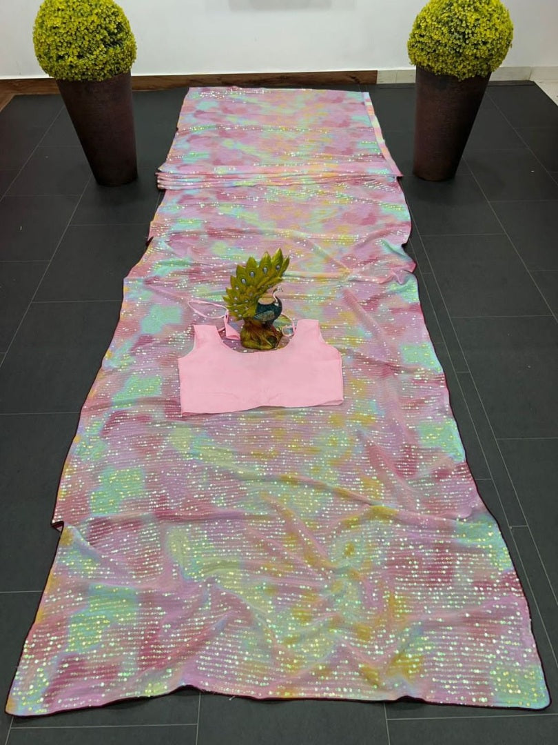 Multicolor georgette heavy sequence work party wear saree