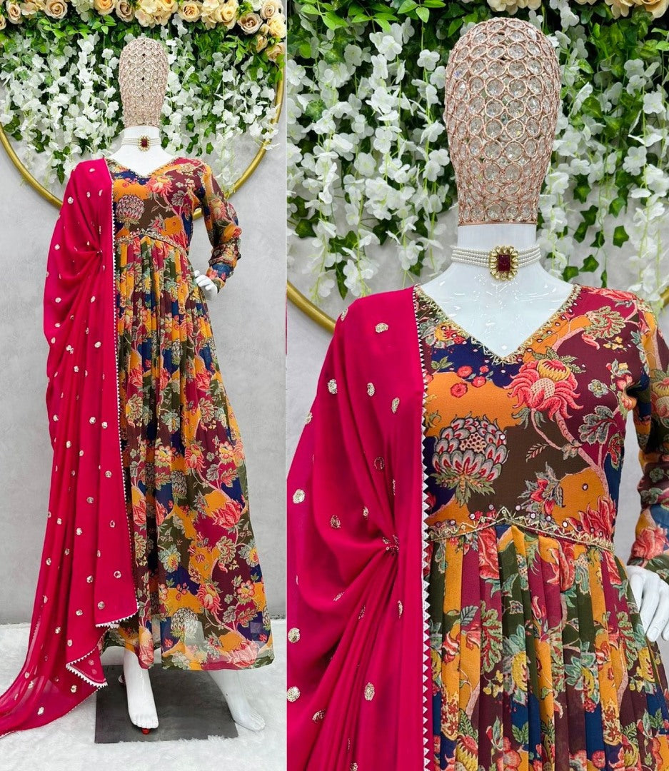 Multicolor georgette naira cut print and handwork pant suit